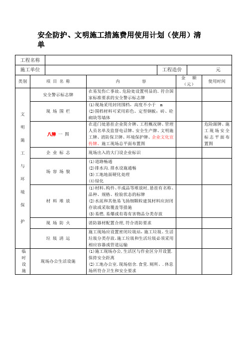 安全防护、文明施工措施费用使用计划(使用)清单