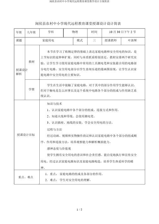 闽侯县农村中小学现代远程教育课堂教学设计方案简表
