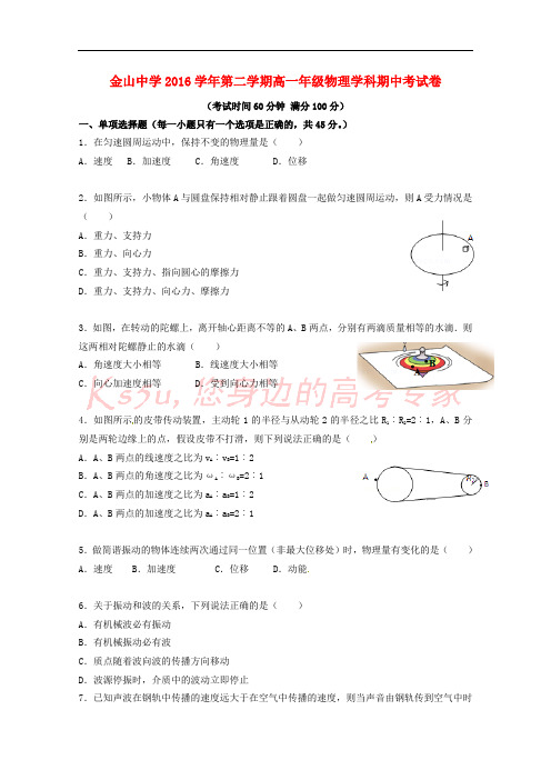 上海市金山中学2016-2017学年高一物理下学期期中试题