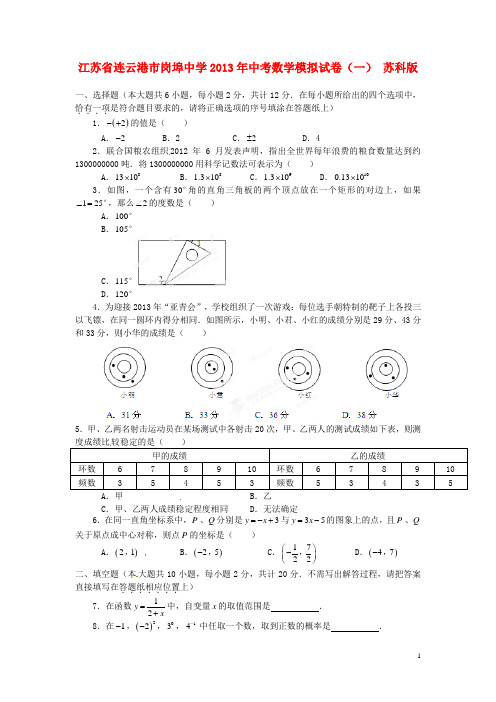 江苏省连云港市岗埠中学中考数学模拟试卷(一)(无答案) 苏科版