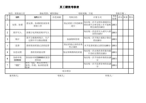 质检部主任硬性员工绩效考核表