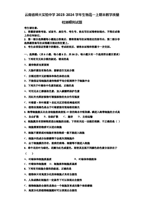 云南省师大实验中学2023-2024学年生物高一上期末教学质量检测模拟试题含解析