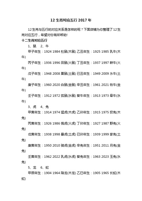 12生肖对应五行2017年