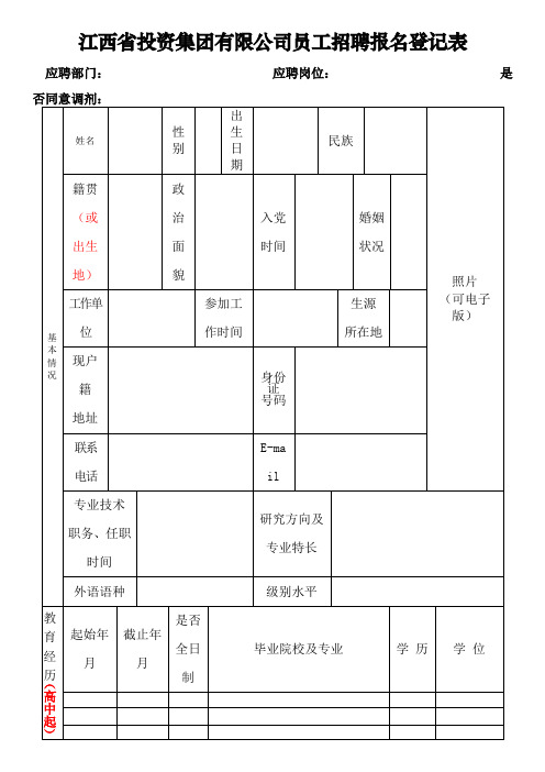 江西省投资集团有限公司员工招聘报名登记表