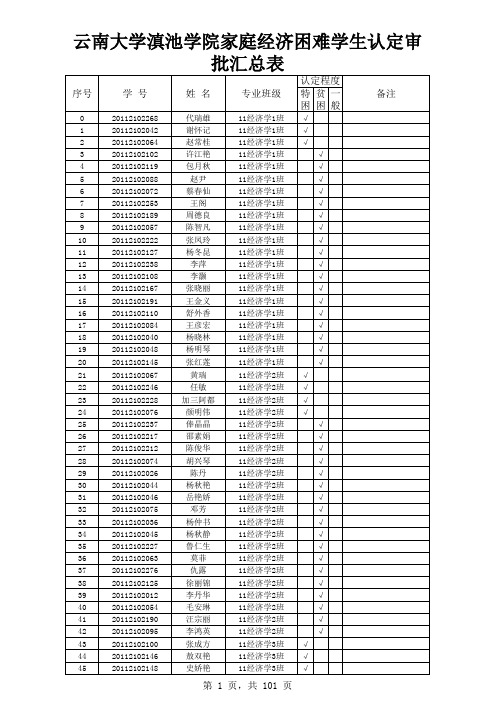 云南大学滇池学院家庭经济困难学生认定审批汇总表 (2)