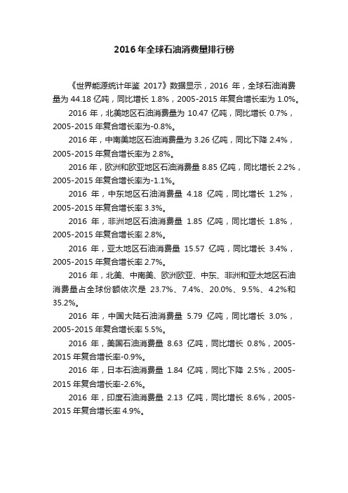 2016年全球石油消费量排行榜