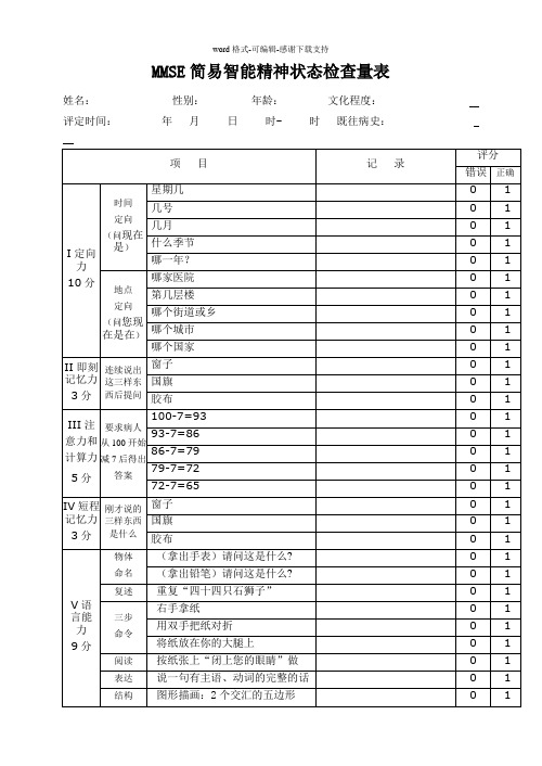 MMSE简易智能精神状态检查量表