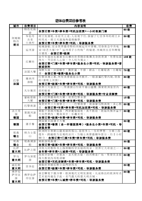 团体自费项目参考表