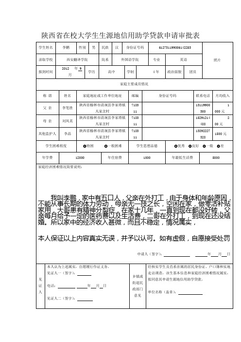 在校大学生生源地信用助学贷款申请审批表模板