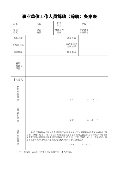 事业单位工作人员解聘(辞聘)备案表