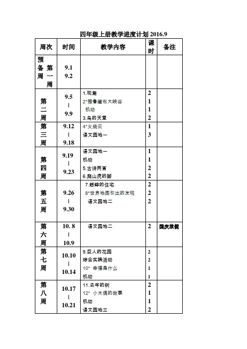 四年级上册教学进度计划2016