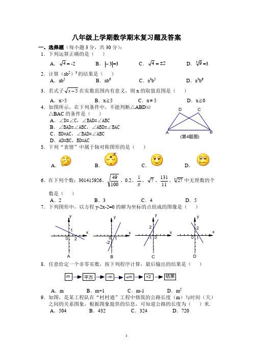 八年级上册数学期末试卷及答案