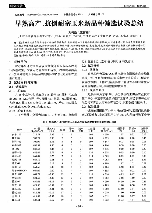 早熟高产、抗倒耐密玉米新品种筛选试验总结