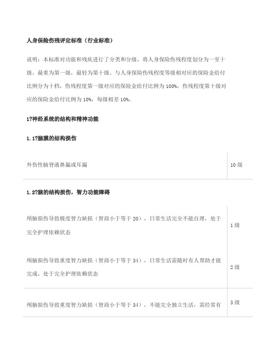 人身保险伤残评定标准 行业标准 