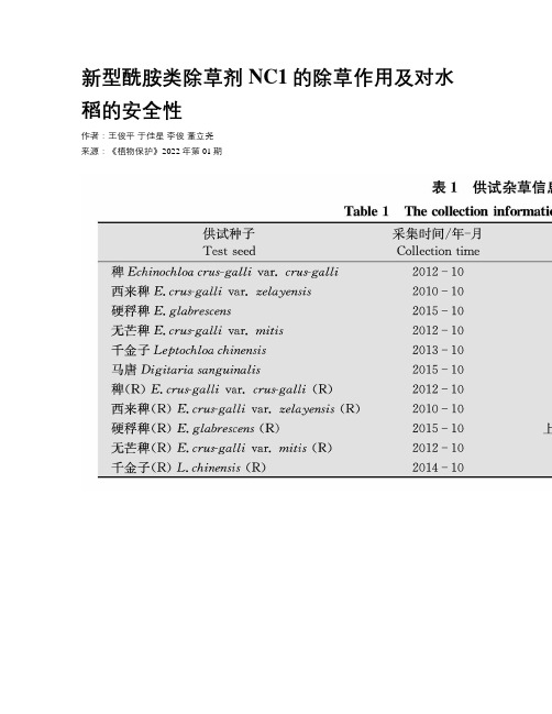 新型酰胺类除草剂NC1的除草作用及对水稻的安全性