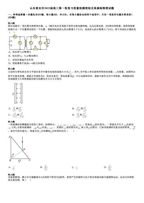 山东泰安市2023届高三第一轮复习质量检测理综全真演练物理试题