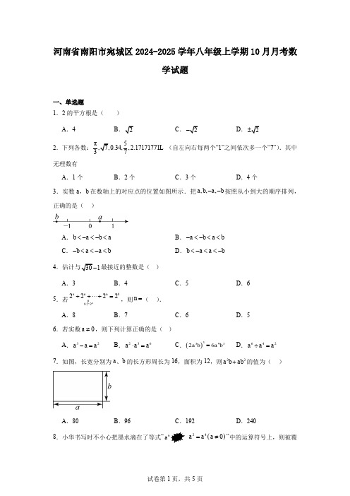 河南省南阳市宛城区2024-2025学年八年级上学期10月月考数学试题