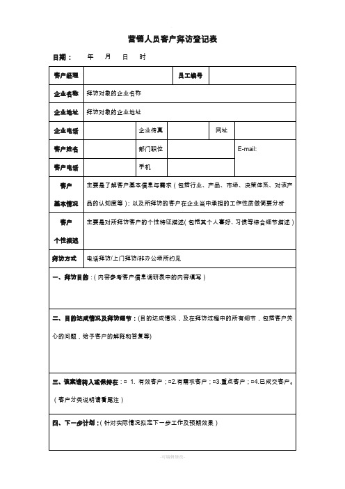 营销人员拜访客户登记表