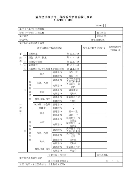 溶剂型涂料涂饰工程检验批质量验收记录表