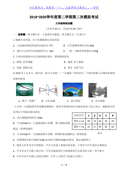 2019-2020年江苏省徐州市第二学期二模测试九年级物理试题