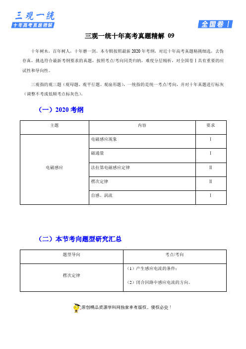 专题09 电磁感应(原卷版)--2020年高考物理十年真题精解(全国Ⅰ卷)