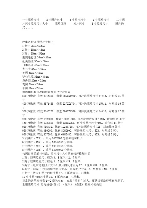 一寸、2寸、5寸照片尺寸及印刷规格尺寸