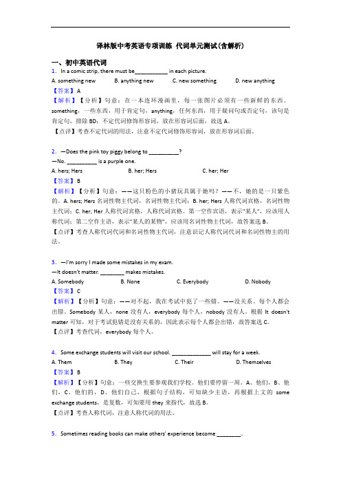 译林版中考英语专项训练 代词单元测试(含解析)