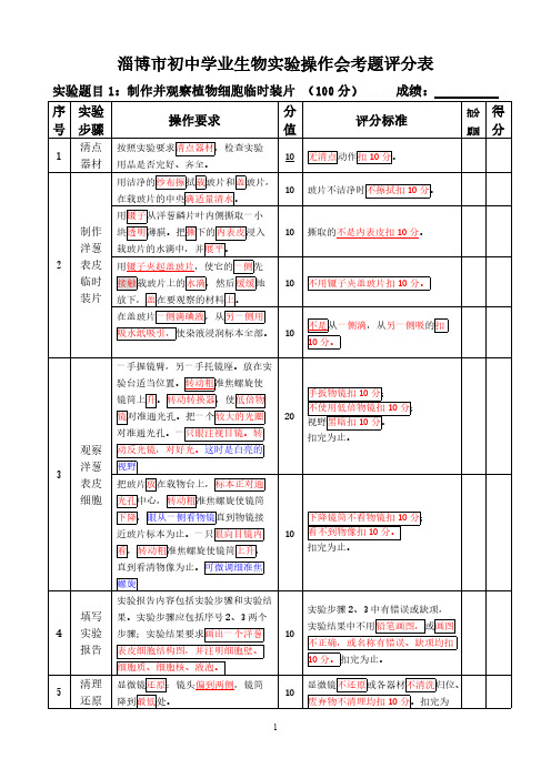 【免费下载】淄博市初中学业生物实验操作会考题评分表