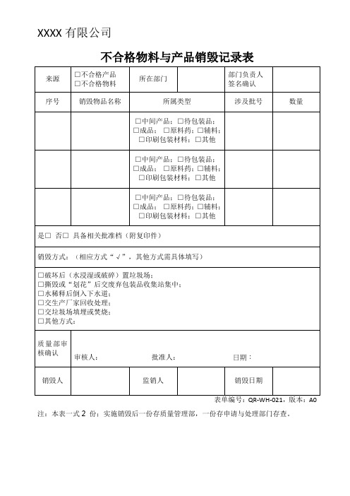 不合格物料与产品销毁记录表