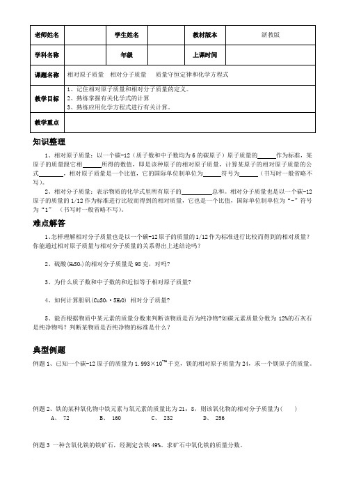 中考化学专题 相对原子质量 质量守恒定律和化学方程式