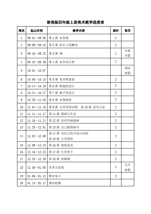 浙美版四年级上册美术教学进度表