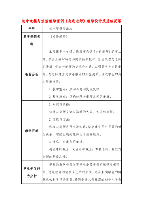 初中道德与法治教学课例《走进老师》课程思政核心素养教学设计及总结反思