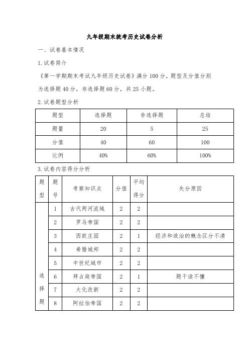 九年级期末统考历史试卷分析