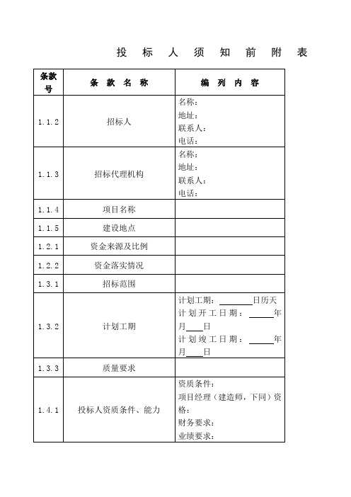 投标人须知前附表模板