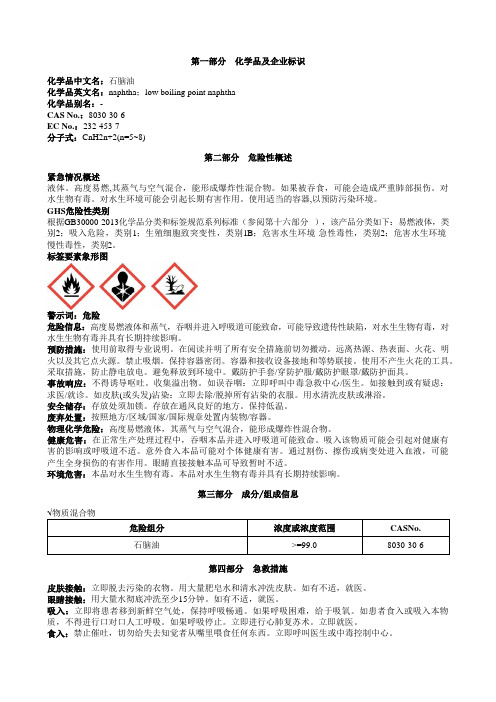 石脑油安全技术数明书MSDS