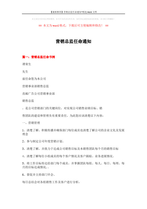 【最新推荐】营销总监任命通知-精选word文档 (6页)