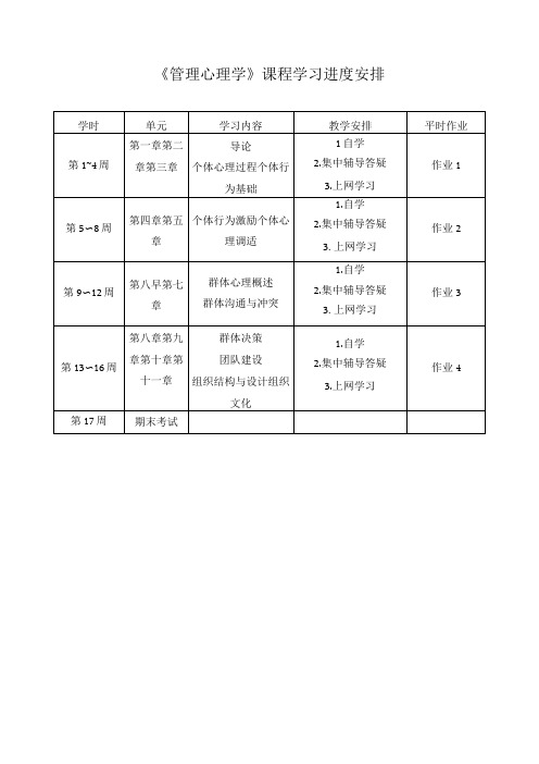 管理心理学课程学习进度安排