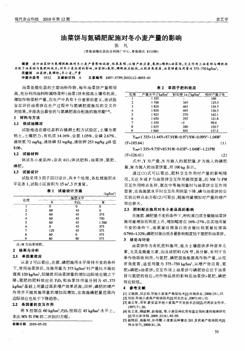 油菜饼与氮磷肥配施对冬小麦产量的影响