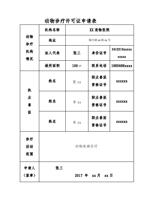 动物诊疗许可证申请表(样本)