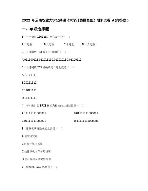 2022年云南农业大学公共课《大学计算机基础》期末试卷A(有答案)