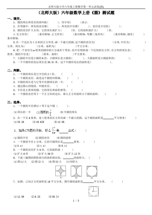 北师大版小学六年级上册数学第一单元试卷(圆)