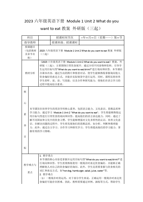 2023六年级英语下册Module1Unit2Whatdoyouwanttoeat教案外研版(三起)