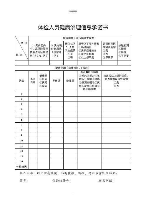 2022年体检人员健康管理信息承诺书