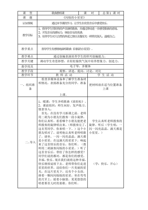 人音版一年级音乐下册(简谱)第6课《闪烁的小星星》教学设计