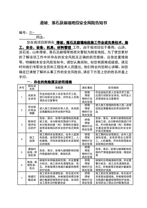 滑坡、落石及崩塌地段安全风险告知书