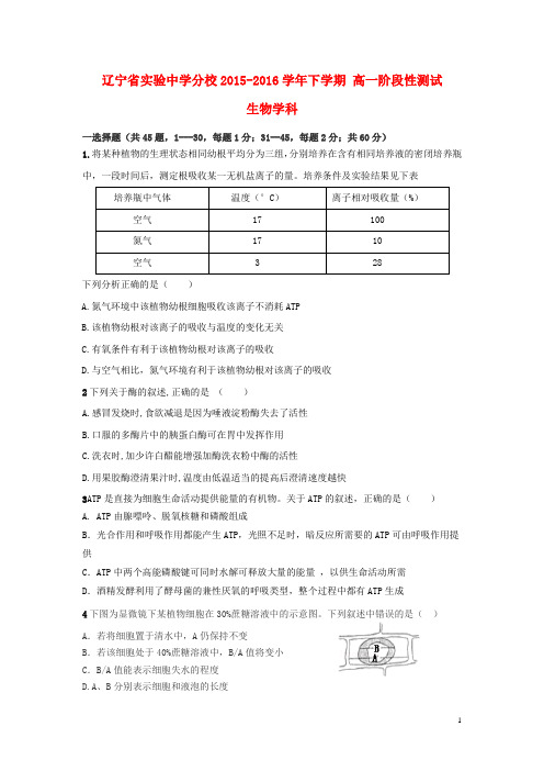 辽宁省实验中学分校高一生物下学期6月阶段性测试试题