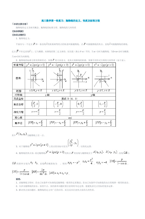 高三数学第一轮复习抛物线的定义性质及标准