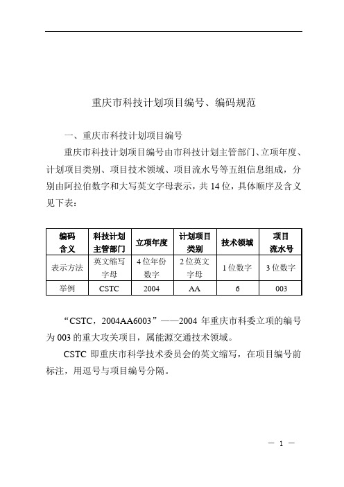 重庆市科技计划项目编号、编码规范