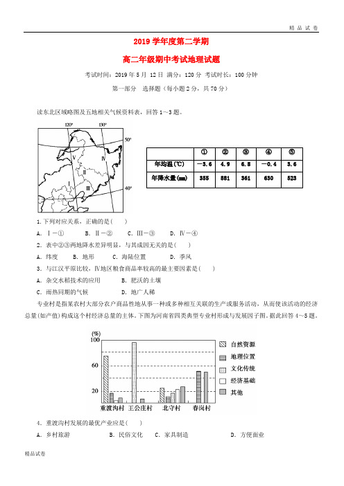 2019学年高二地理下学期期中试题 文新人教版 新版