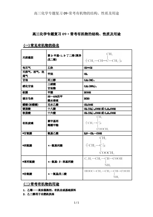 高三化学专题复习09·常考有机物的结构、性质及用途